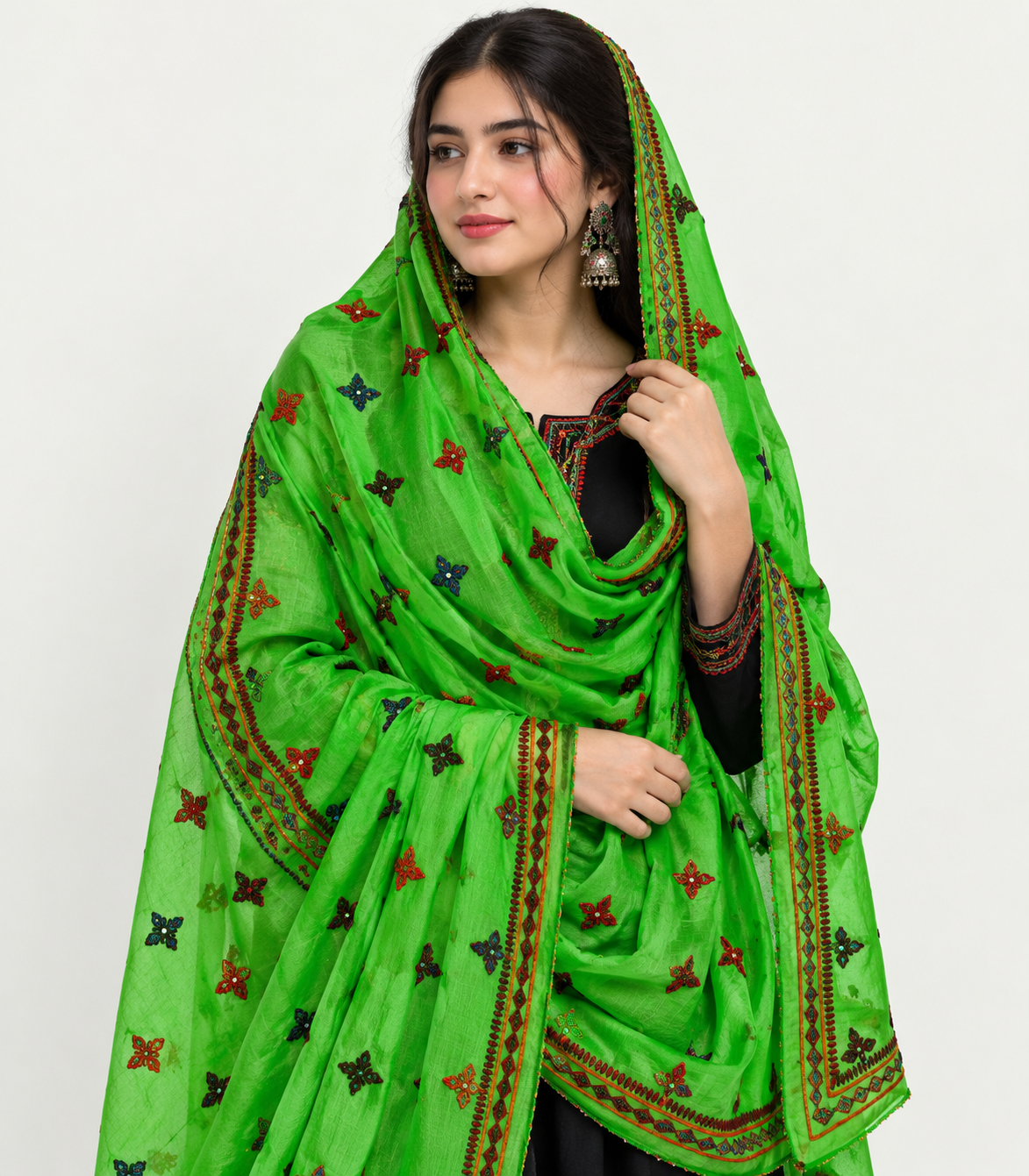 Vibrant Green Embroidered Dupatta Portrait